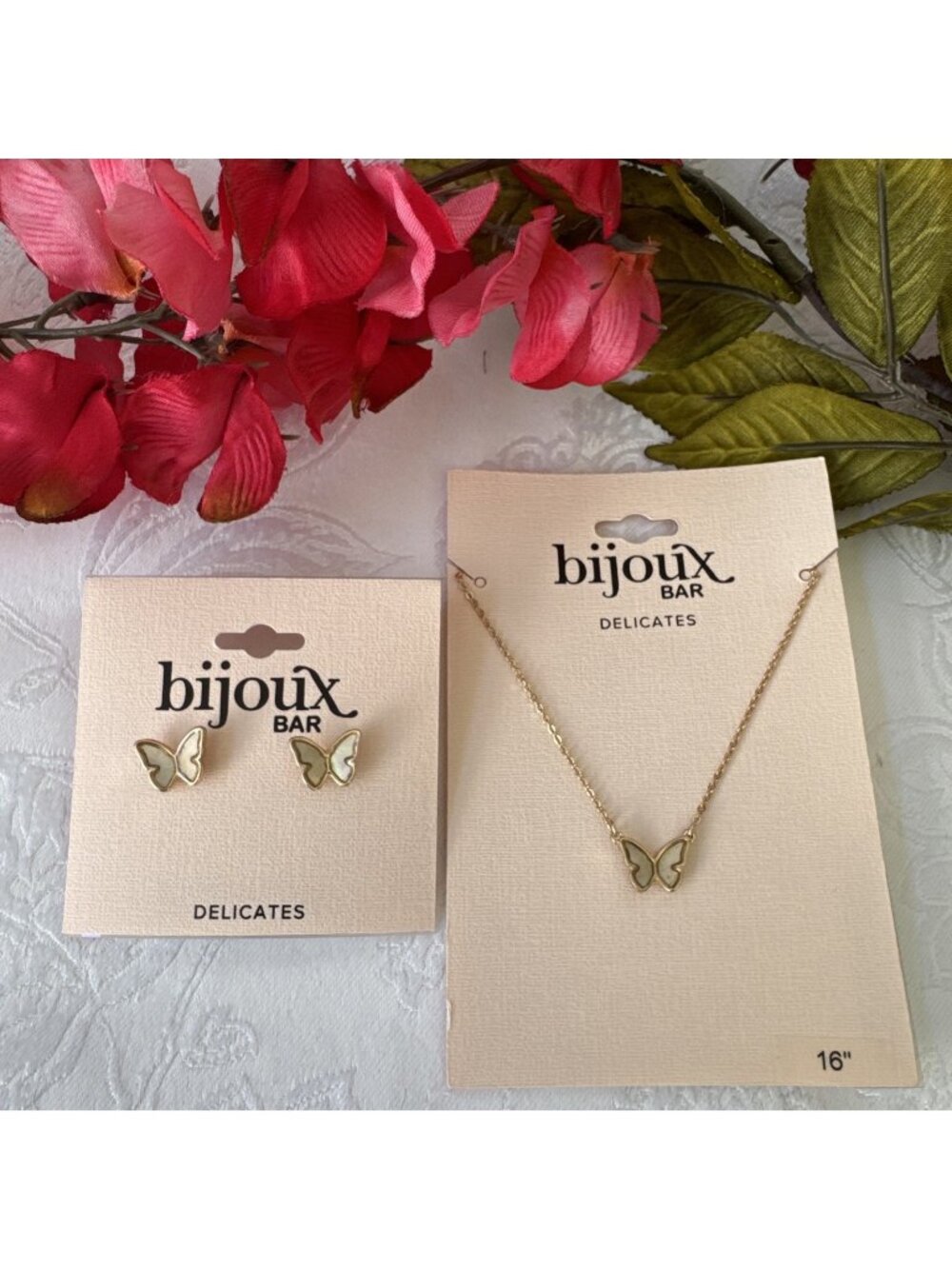 Bijoux Bar Delicates Summer Gold Cream Butterfly Earrings & Necklace Set 16" NEW